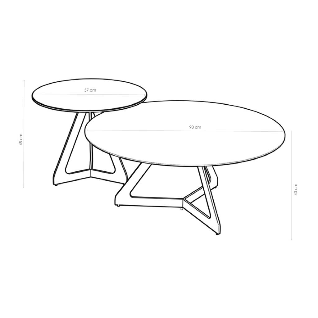 Dimensional sketch of Coffee Table TSURUGI – Ceramic Noir Desir Ø90cm, showing 90cm diameter and 40cm height with matching side table.