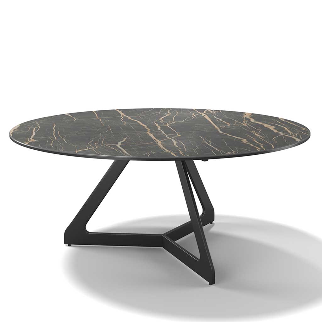 Coffee Table TSURUGI – Ceramic Noir Desir Ø90cm with round black ceramic top and geometric black steel base, ideal for modern living rooms.