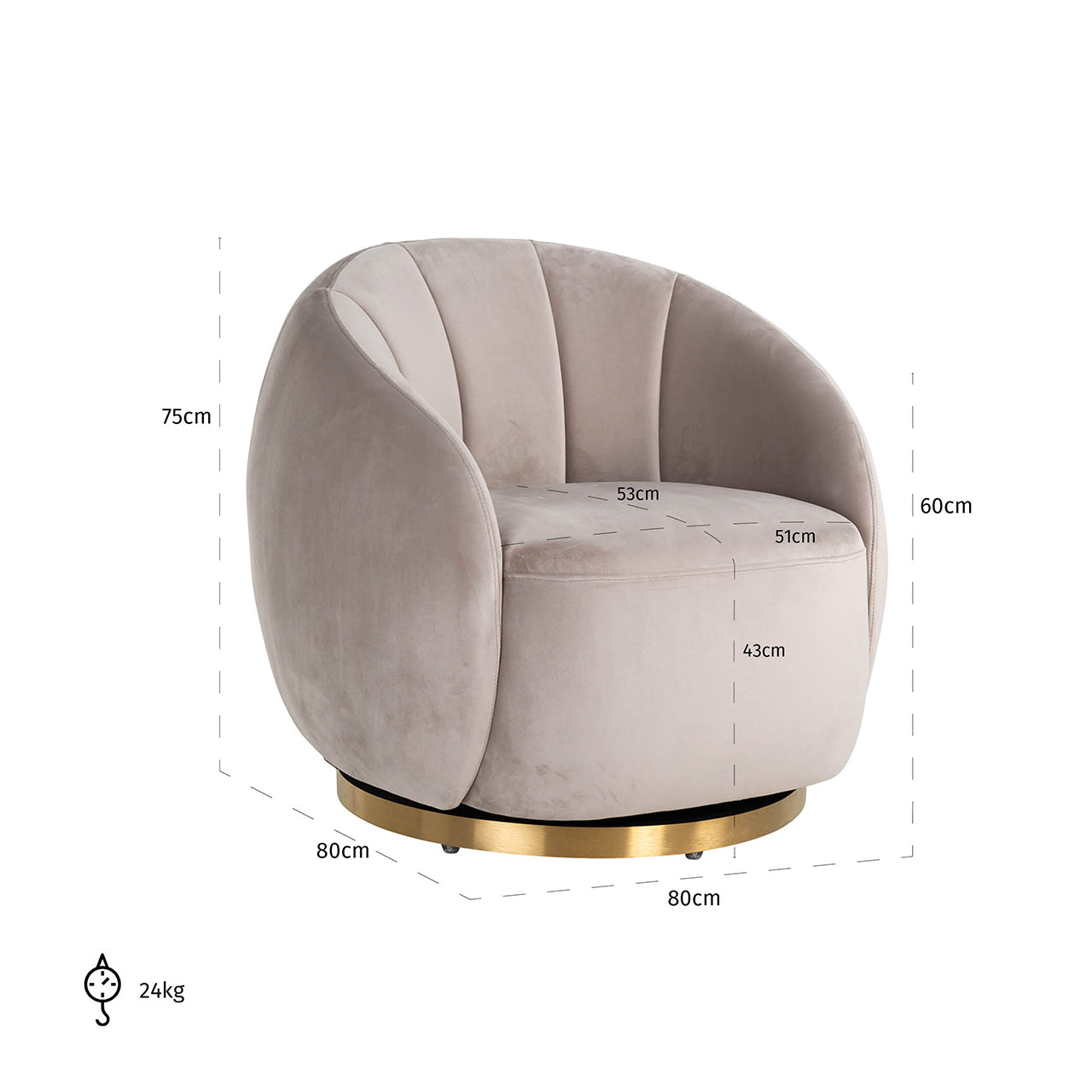 Swivel lounge chair Jago khaki velvet / brushed gold (Quartz Khaki 903)