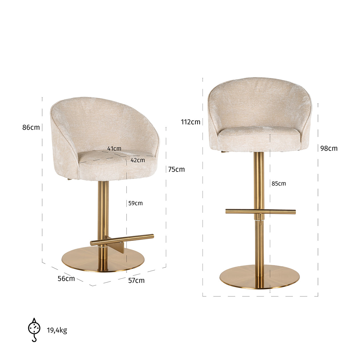 Bar/counter stool Zabi swivel white chenille (Bergen 900 white chenille)