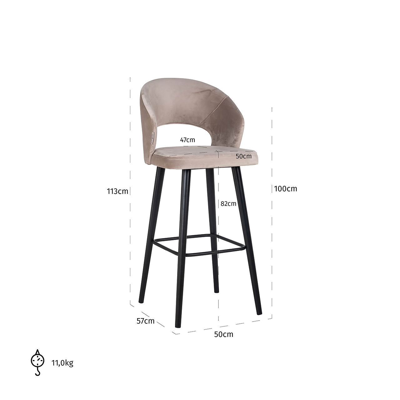 Bar stool Savoy khaki velvet (Quartz Khaki 903)