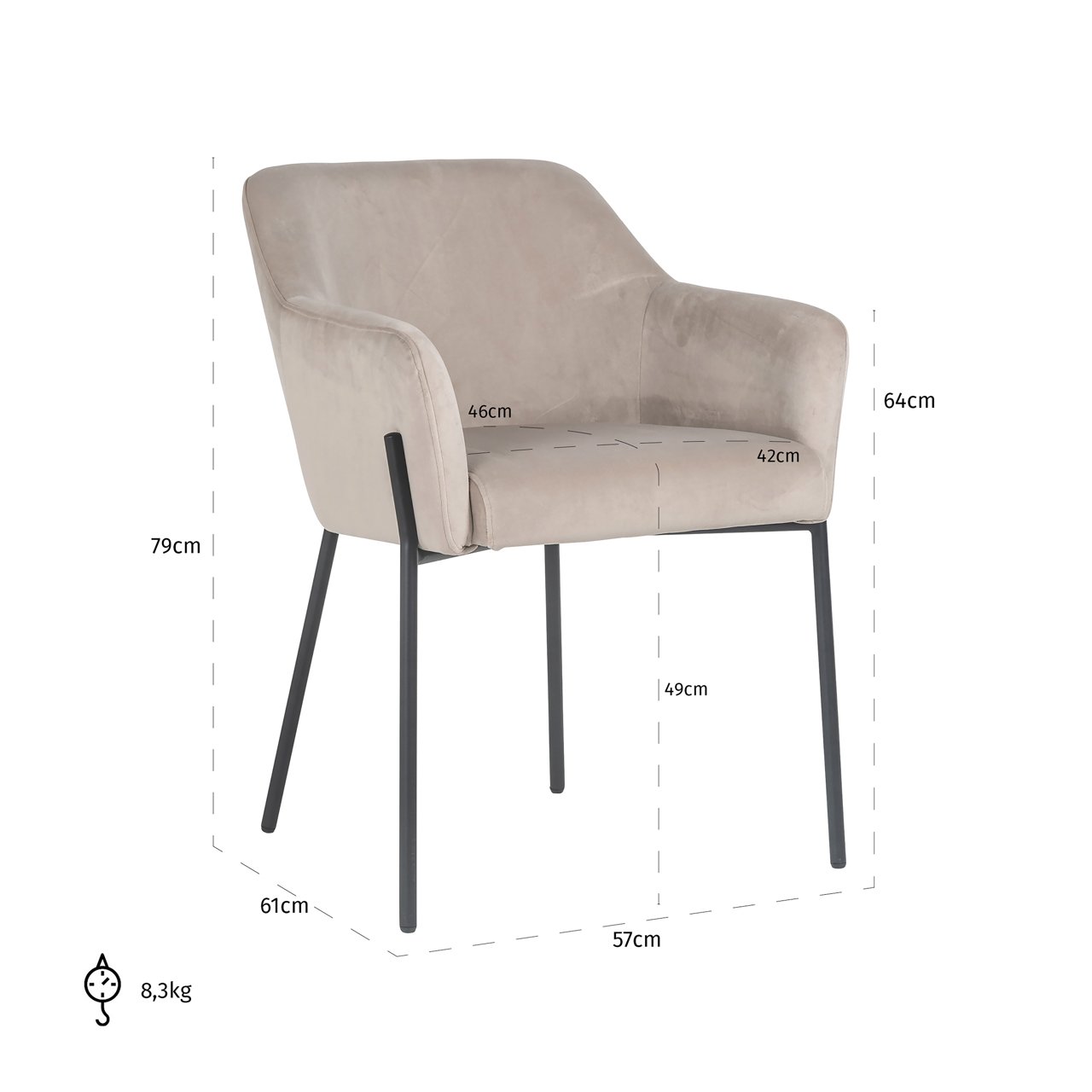 Dining chair Fay khaki velvet fire retardant