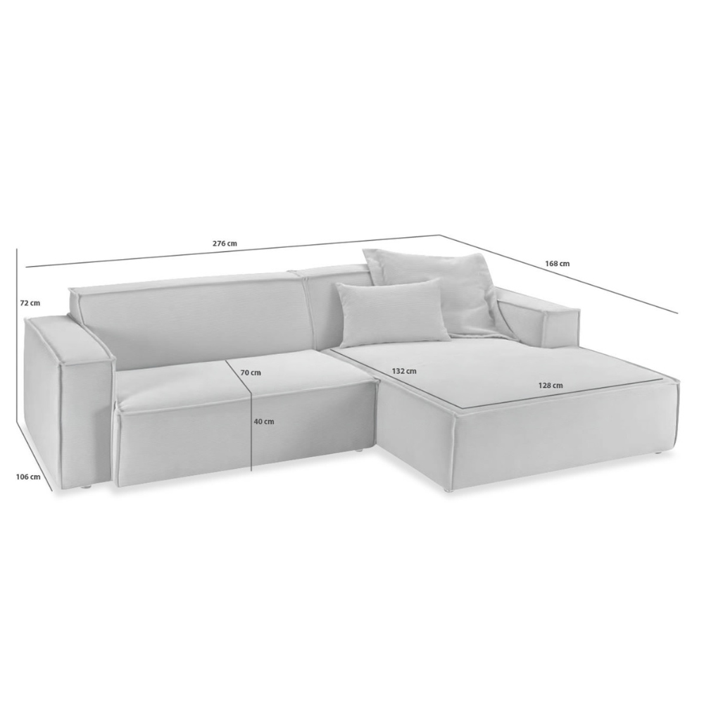 Sofa Midtown - Silver corner sofa with detailed dimensions, showcasing lounge layout and proportions for 276x168cm configuration.