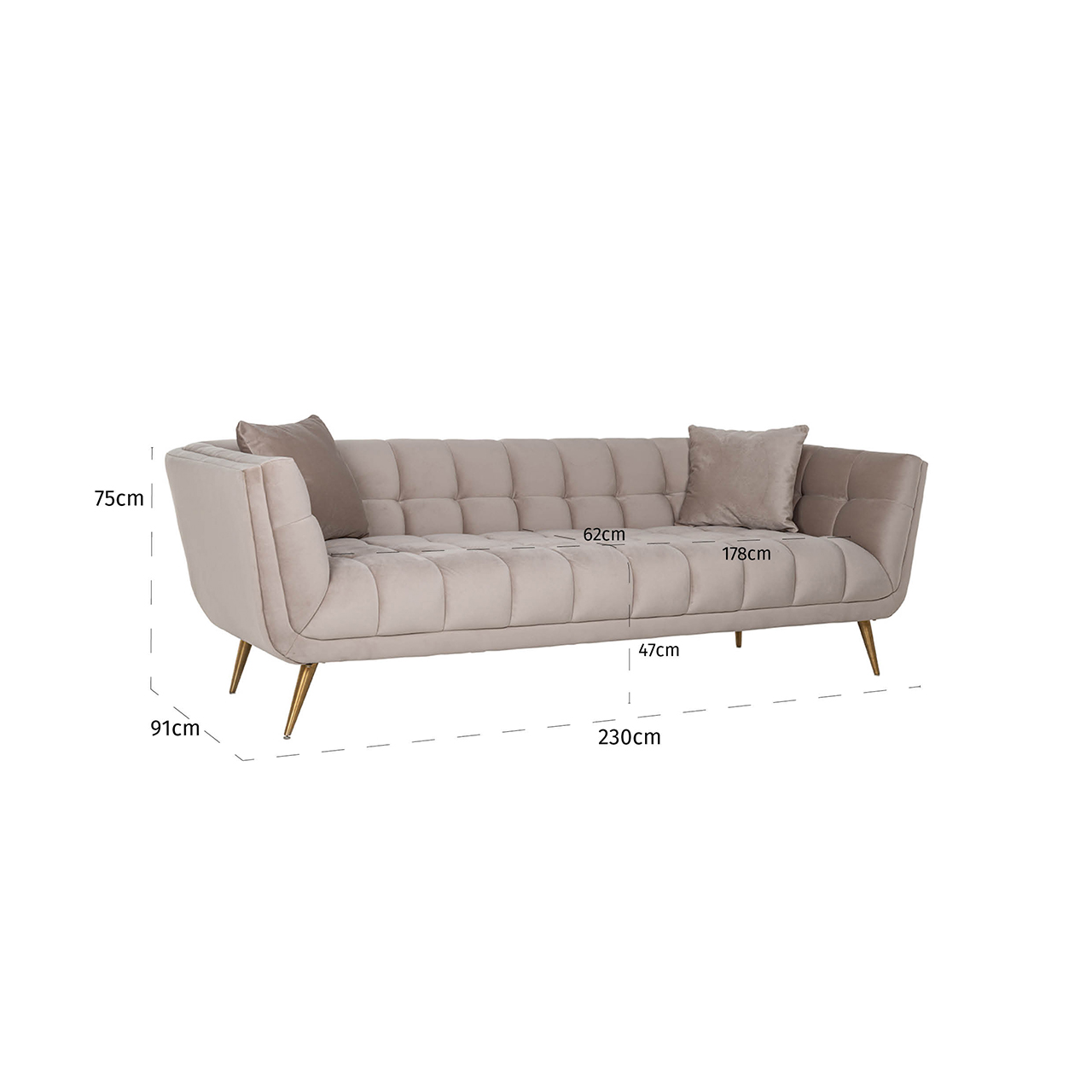 Sofa Huxley Khaki velvet / Brushed gold (Quartz Khaki 903) - 230x91cm