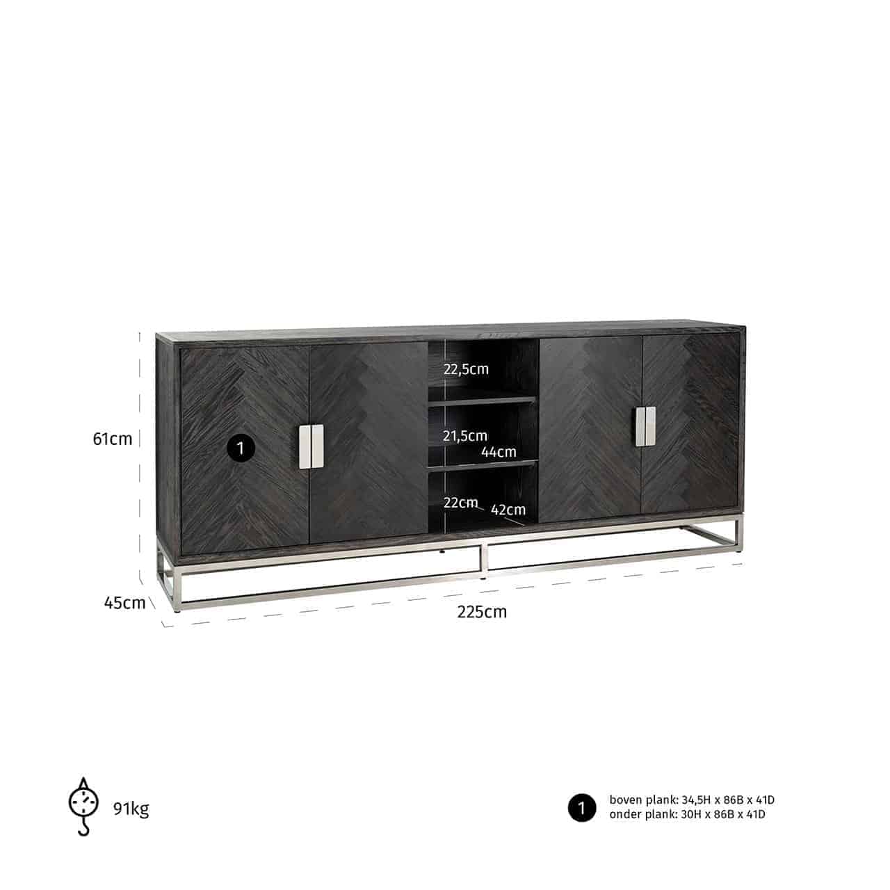 Dressoir Blackbone zilver 4-deurs (Zwart rustiek)