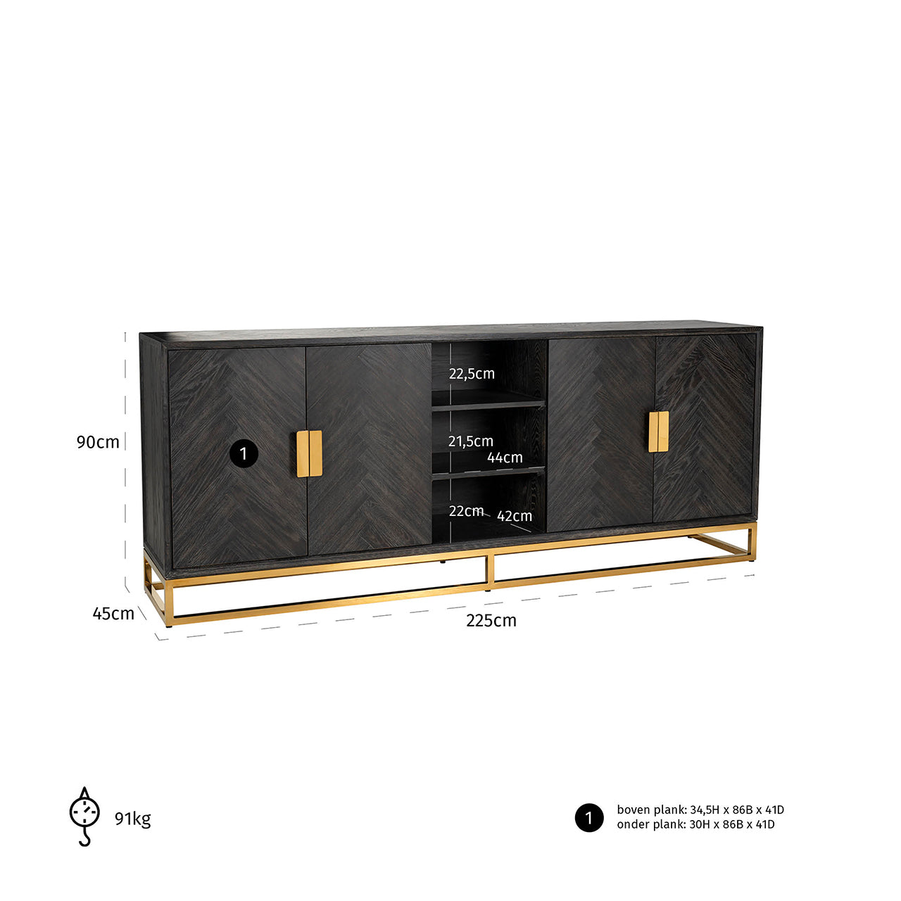 Dressoir Blackbone goud 4-deurs (Zwart rustiek)