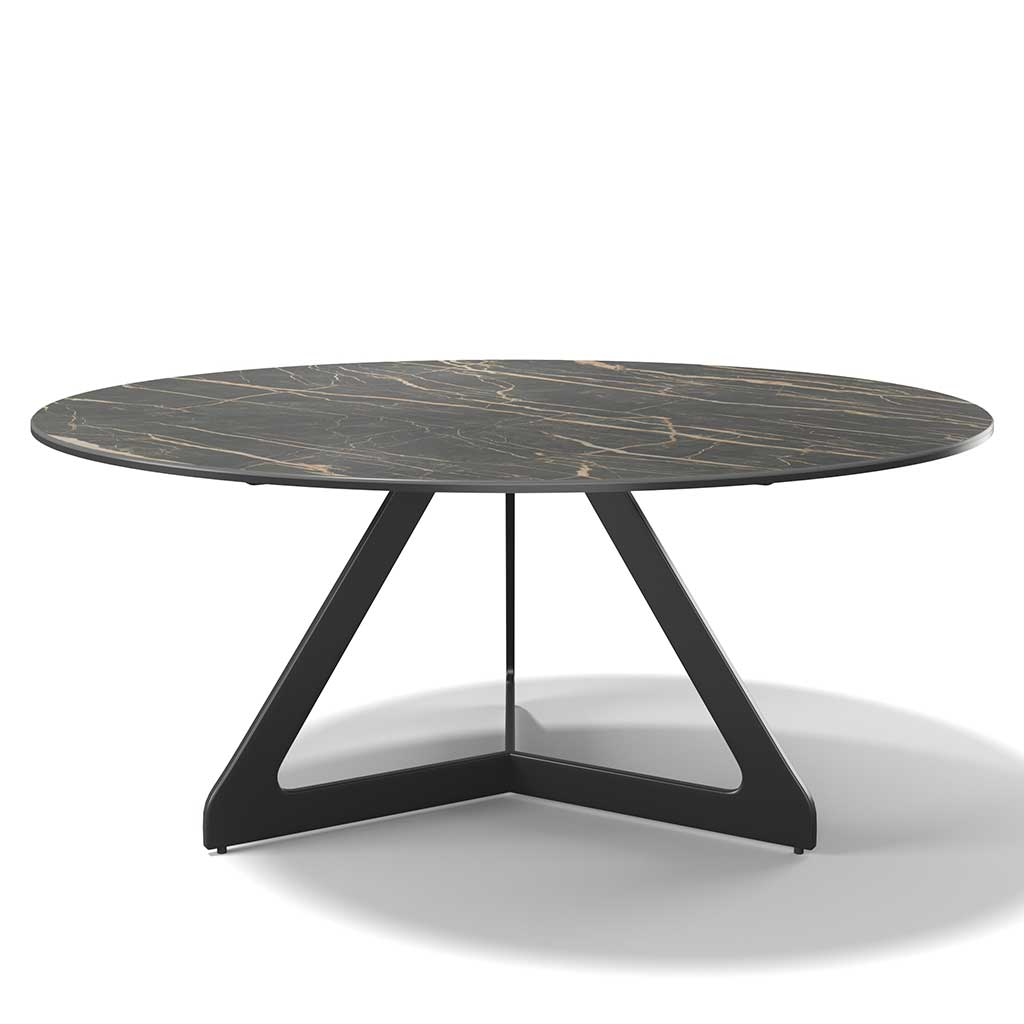 Front view of Coffee Table TSURUGI – Ceramic Noir Desir Ø90cm featuring a sculptural black powder-coated base and veined ceramic top.
