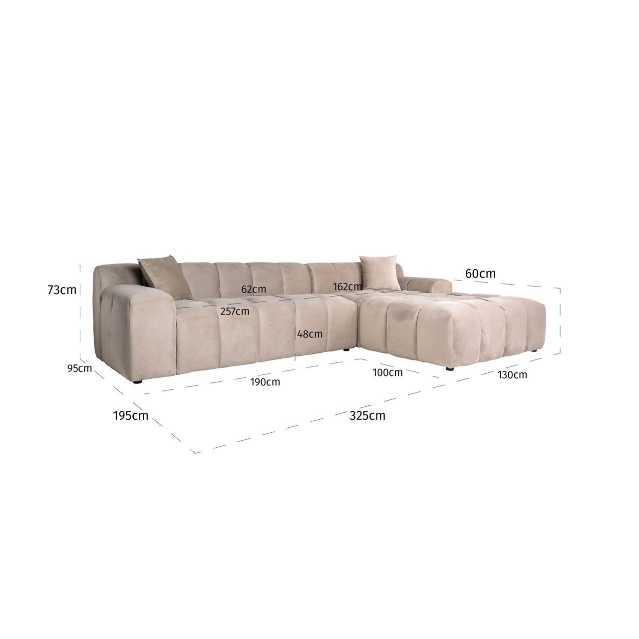 Sofa Cube khaki velvet 3-seater + lounge right